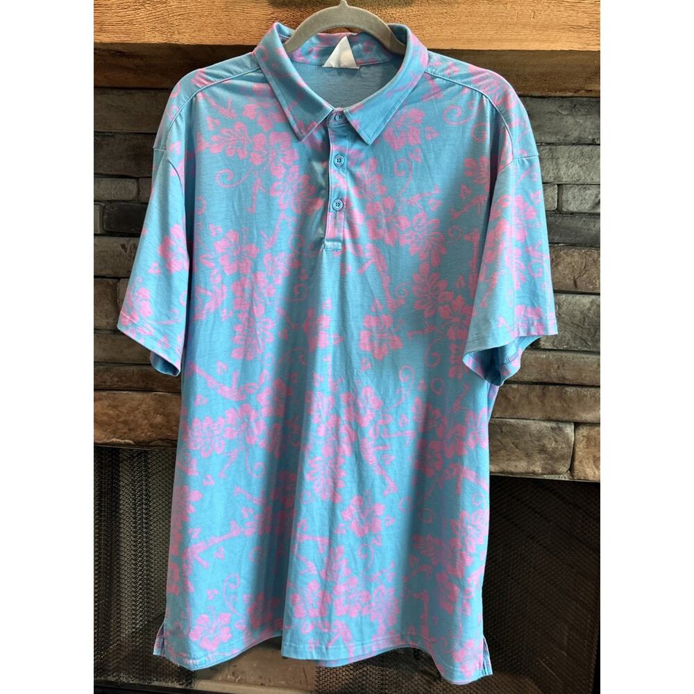 Men’s RETRO RIFLE Blue/Purple Floral Short Sleeve Polo Shirt Size L *B6